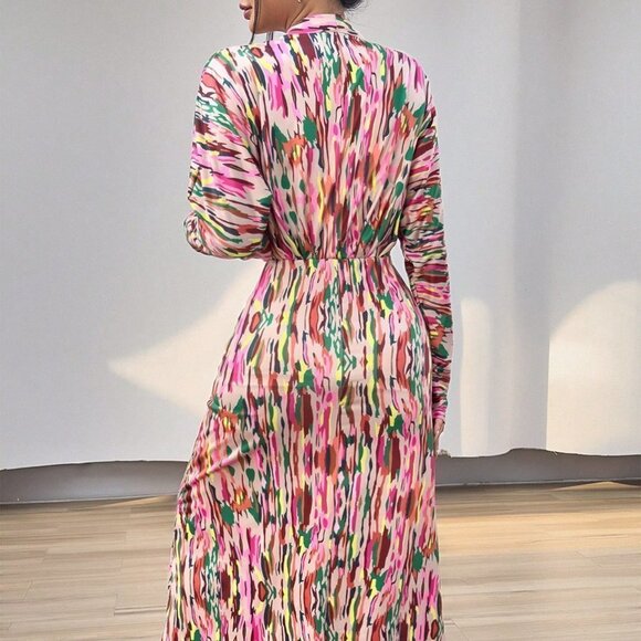 Multicolor Elegant Women's Full Print Deep V-Neck Dress - Picture 3 of 5